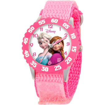 Disney Frozen Analog Watch, Time Teacher for Kids and Toddlers, Pink Bezel & Nylon Strap Watch