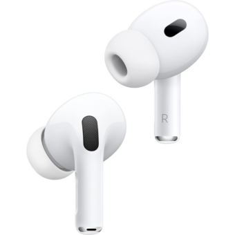 Apple AirPods Pro 2 wireless earbuds with Active Noise Cancellation, Personalized Spatial Audio, and USB-C charging.